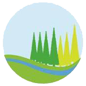 Roundel from Parish Council logo with green and pale green trees and blue wavy line