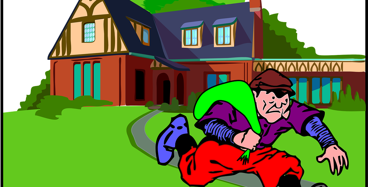 Cartoon man with a green sack running away from a house