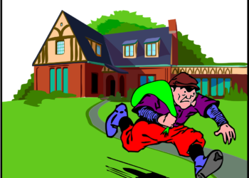 Cartoon man with a green sack running away from a house