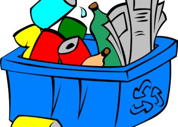 Cartoon style picture of blue recycling box with red, yellow and green bottles and cans and paper