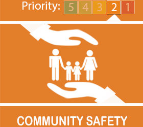 Orange community safety logo with hands above and below group of 2 adults and 2 children