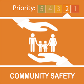 Orange community safety logo with hands above and below group of 2 adults and 2 children