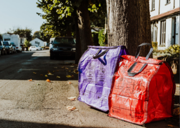 Purple and orange hessian recycling sacks