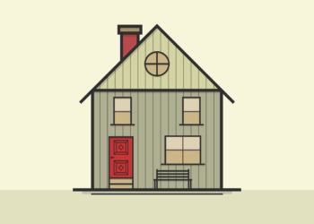 Simple illustration of a house with front door, 3 windows and a chimney