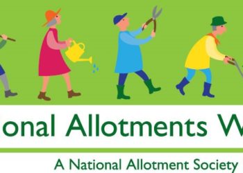 National Allotment Week banner showing figures with tools and wheelbarrow