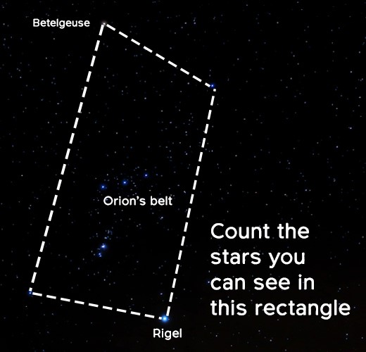 Picture of starry sky showing Rigel, Betelgeuse and Orions Belt