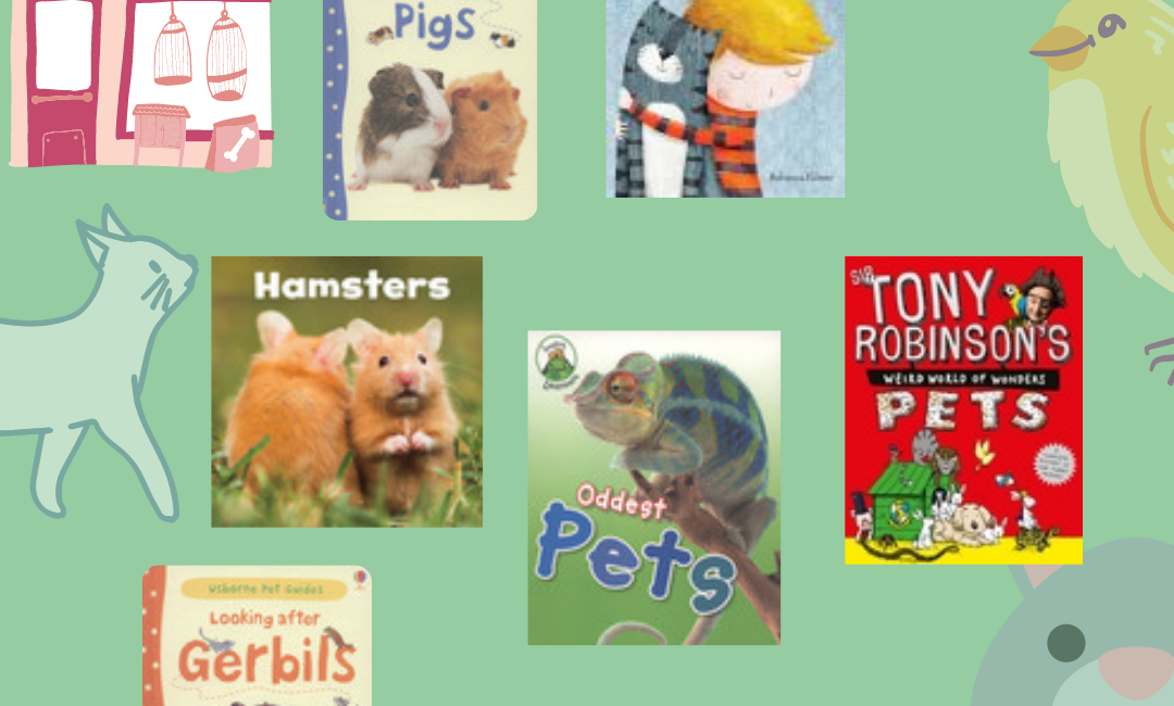 Green poster with images of covers of books about various pets