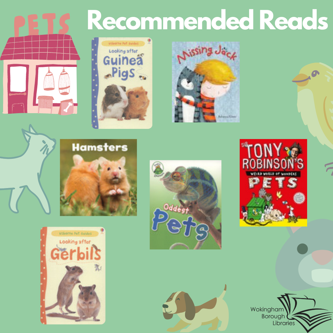 Green poster with images of covers of books about various pets