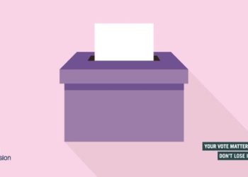 Purple box with white election vote being inserted